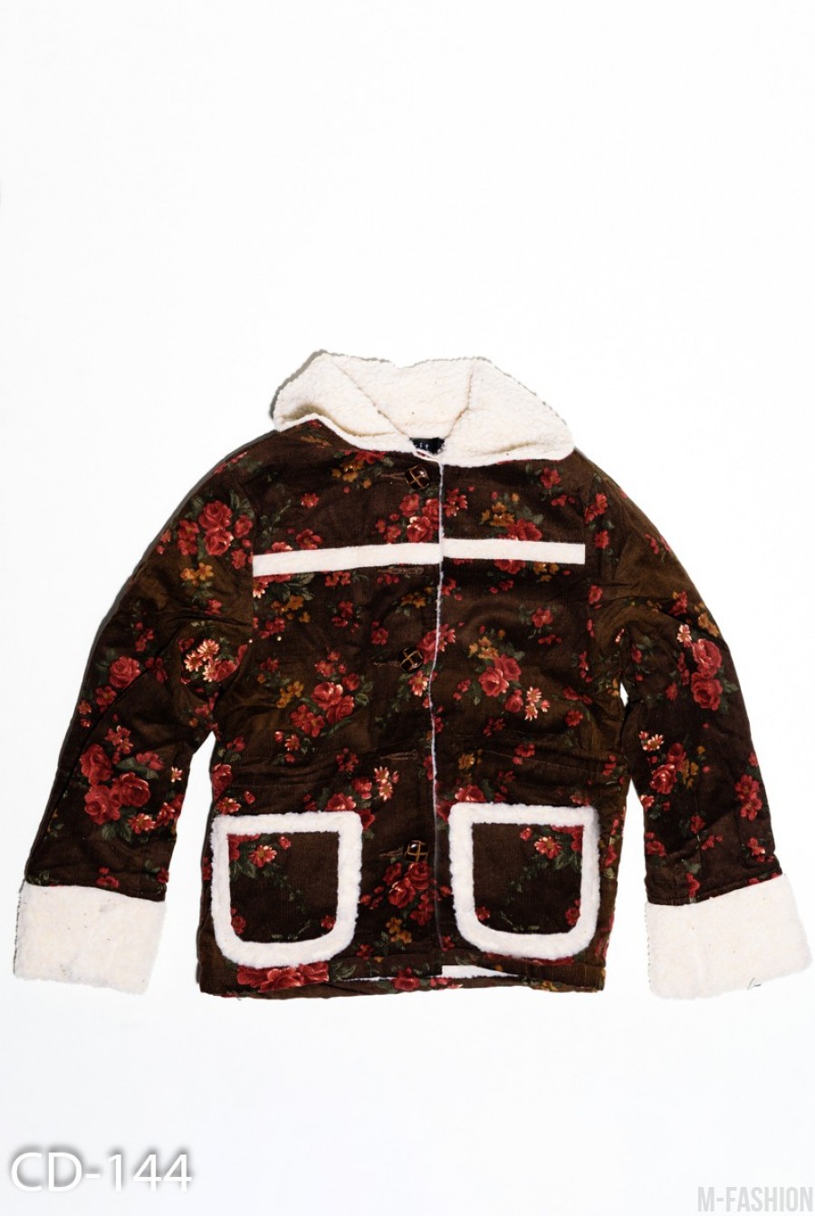 Коричневая вельветовая куртка на меху с цветочным принтом - Фото 1