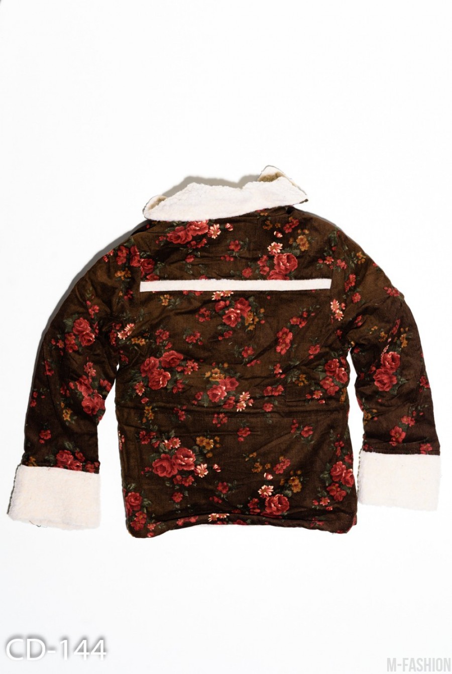 Коричневая вельветовая куртка на меху с цветочным принтом- Фото 3