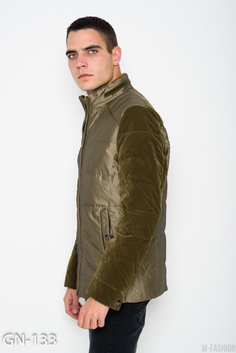 Демисезонная куртка цвета хаки с велюровыми вставками- Фото 2