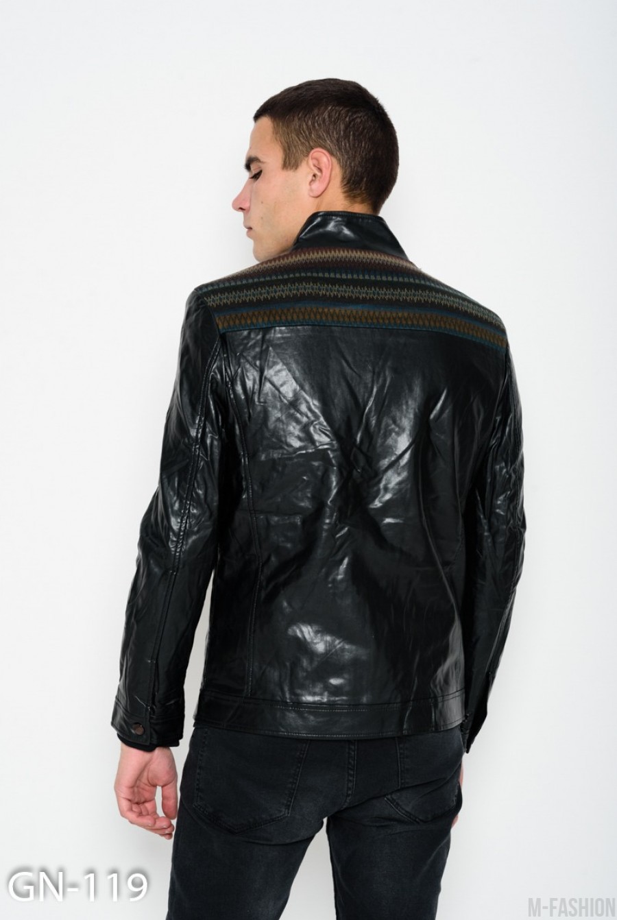 Черная кожаная куртка на молнии с принтованными вставками- Фото 3