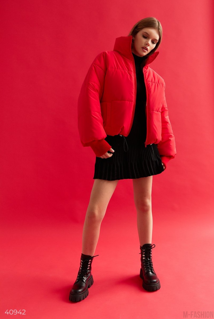 Стеганая куртка oversize красного цвета- Фото 2
