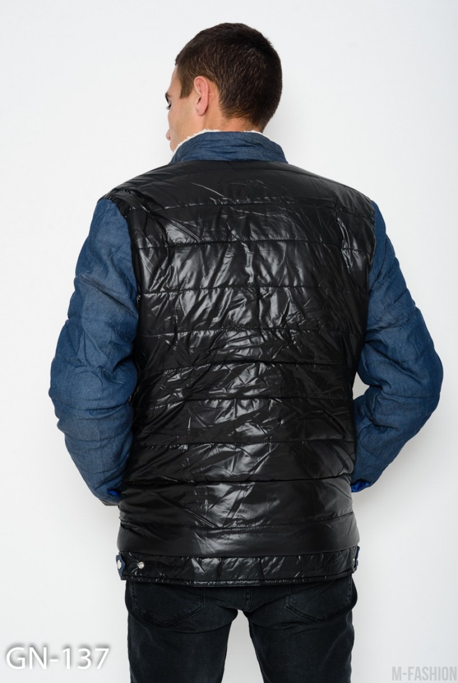 Комбинированная демисезонная куртка на кнопках с меховой подкладкой- Фото 4