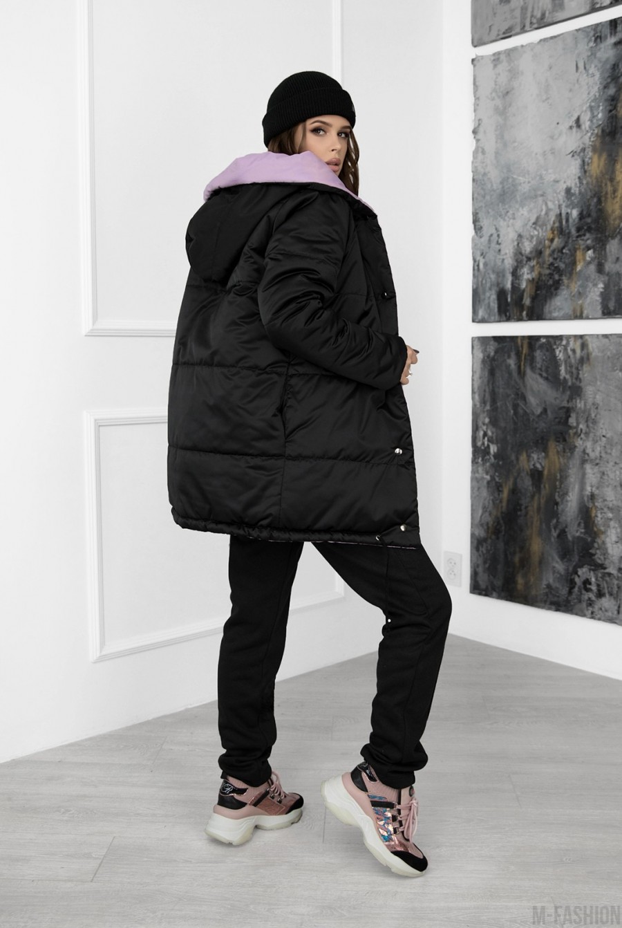 Черно-сиреневая двусторонняя куртка с капюшоном- Фото 3