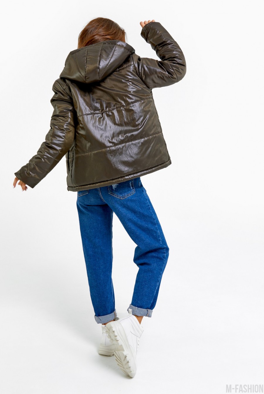 Стеганая куртка цвета хаки на синтепоне- Фото 3
