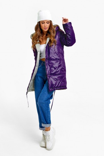 Фиолетово-бежевая двусторонняя куртка с капюшоном