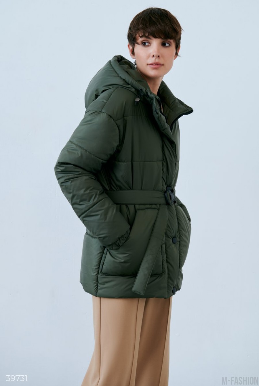Куртка с поясом цвета хаки- Фото 9