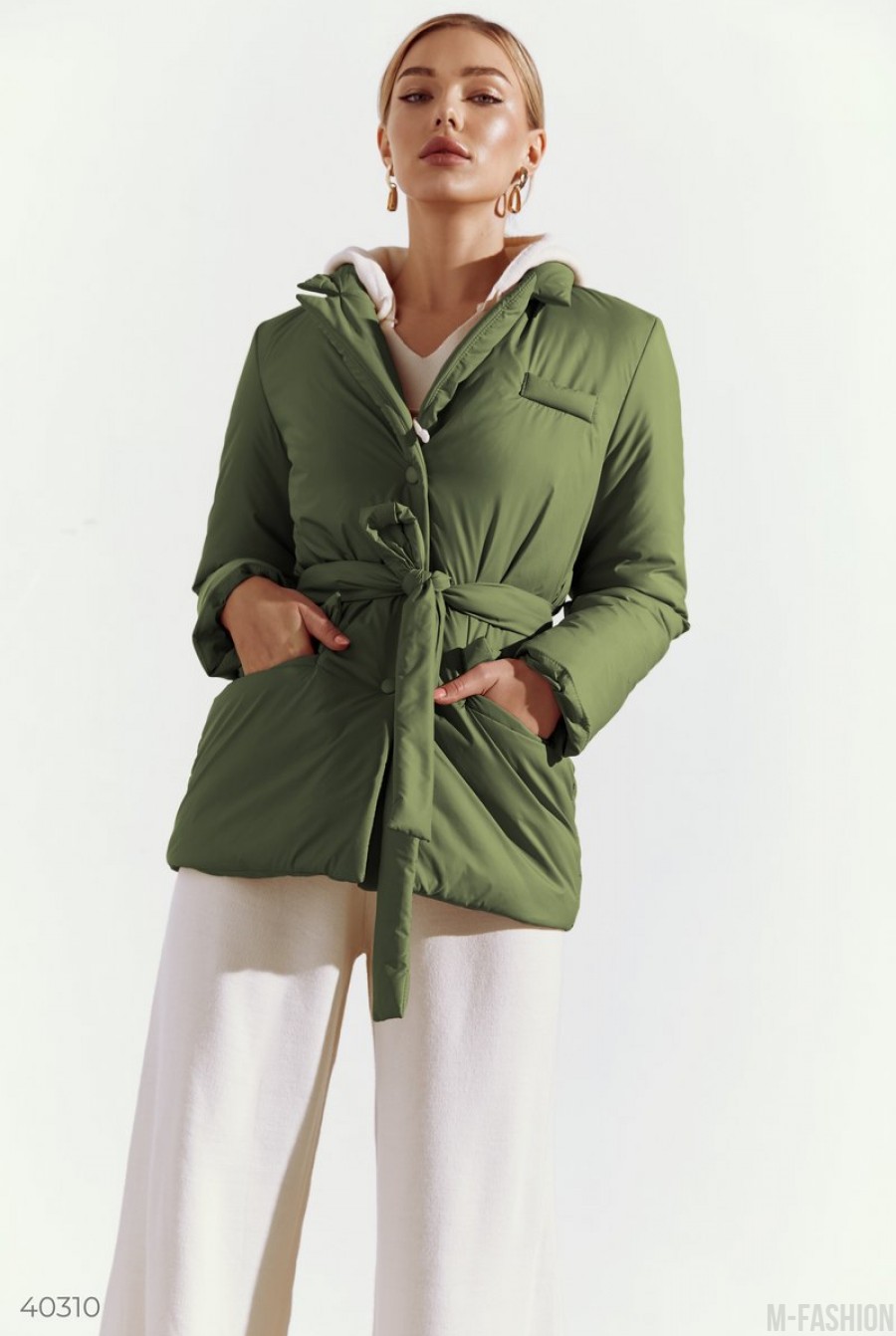 Куртка с отложным воротником цвета хаки- Фото 2