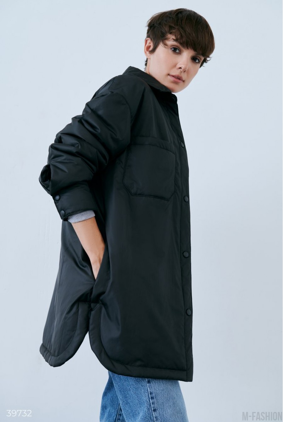 Черная куртка-рубашка с отложным воротником - Фото 1