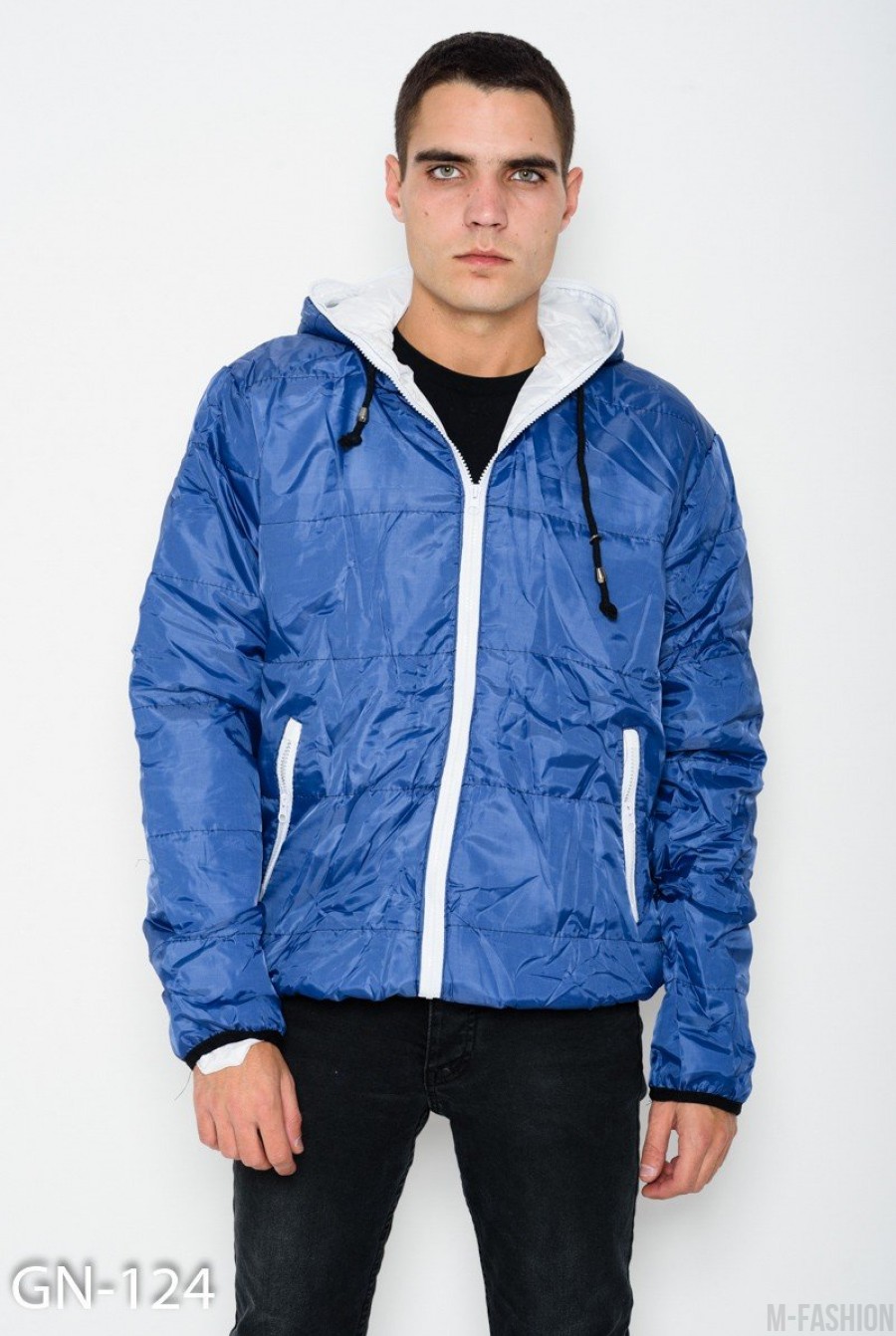 Синяя оригинальная демисезонная куртка с длинной молнией и капюшоном - Фото 1