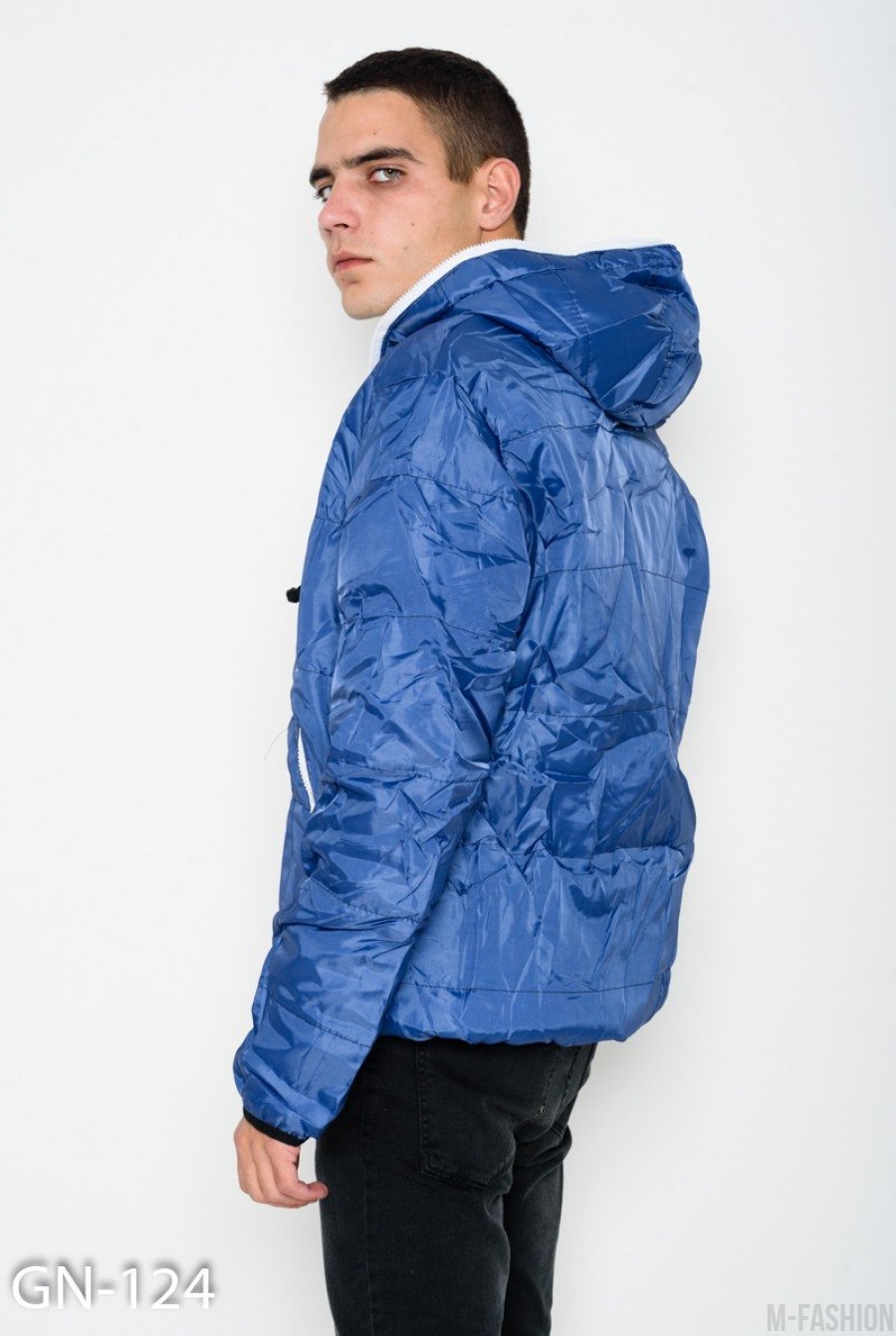 Синяя оригинальная демисезонная куртка с длинной молнией и капюшоном- Фото 2
