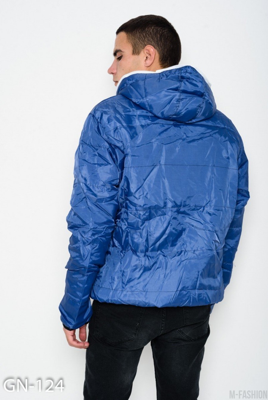 Синяя оригинальная демисезонная куртка с длинной молнией и капюшоном- Фото 3