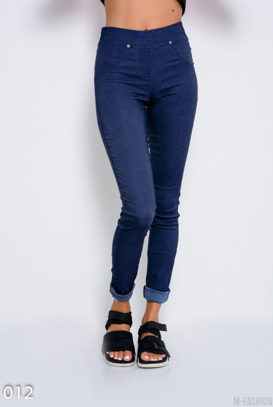Темно-синие эластичные леггинсы декорированные под джинсы скинни - Фото 1