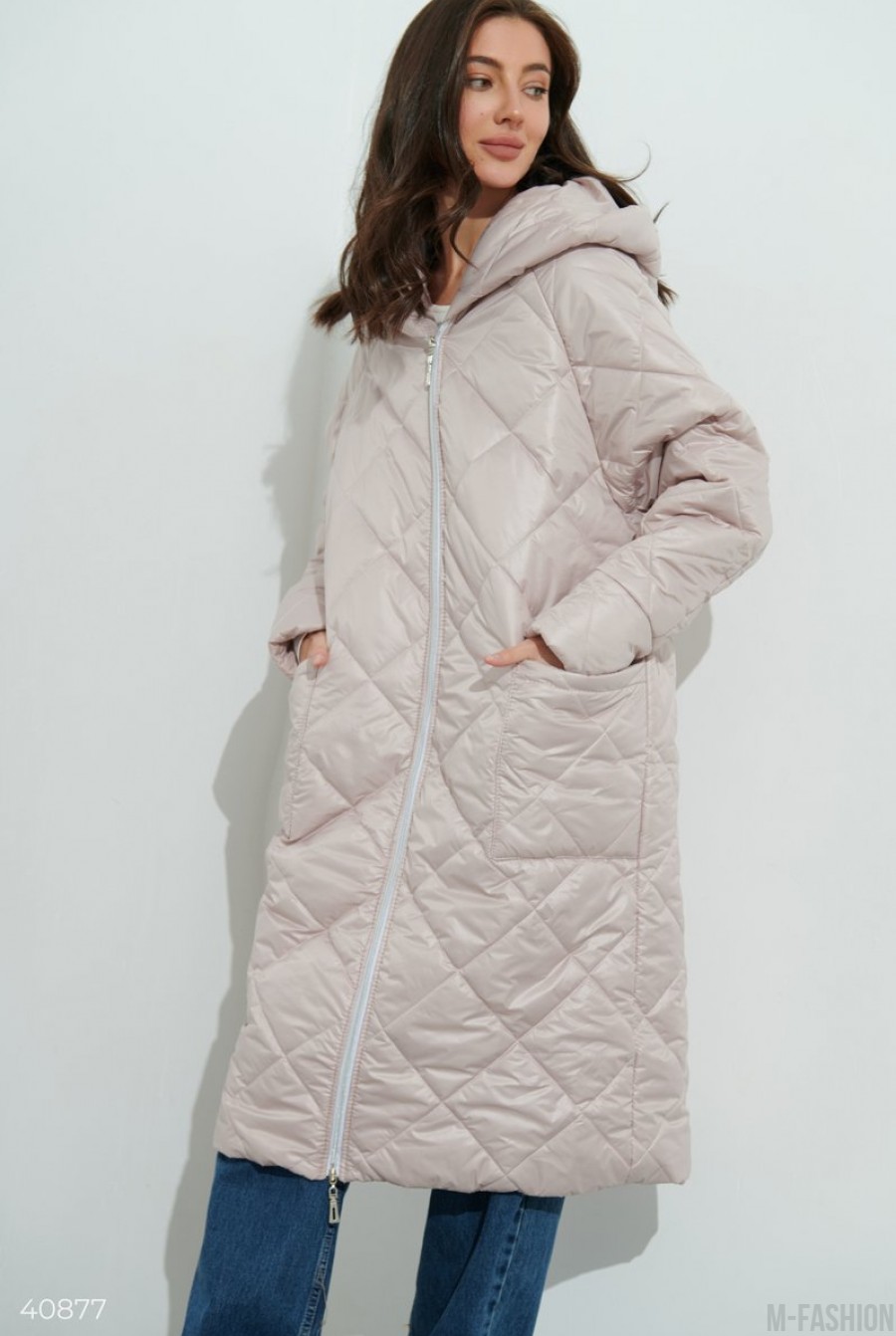 Пудровое стеганое пальто oversize - Фото 1