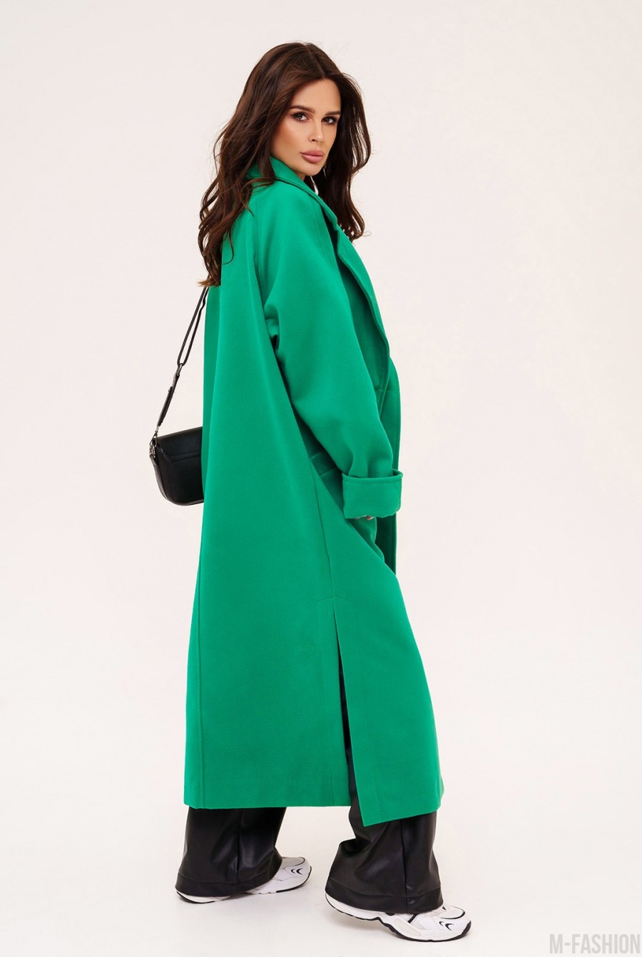 Зеленое кашемировое пальто с разрезами- Фото 2