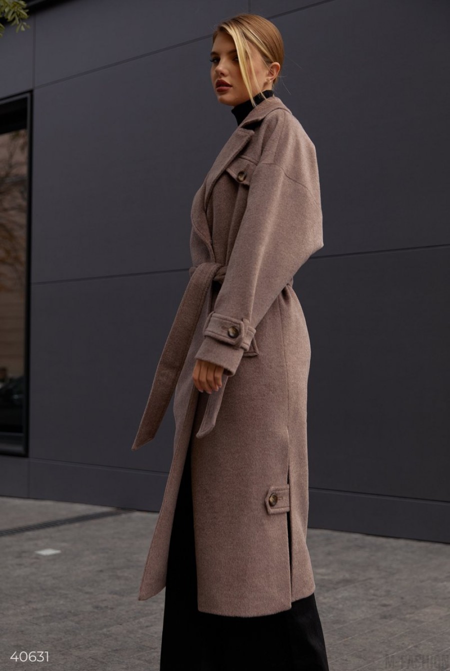 Шерстяное удлиненное пальто цвета мокко- Фото 5