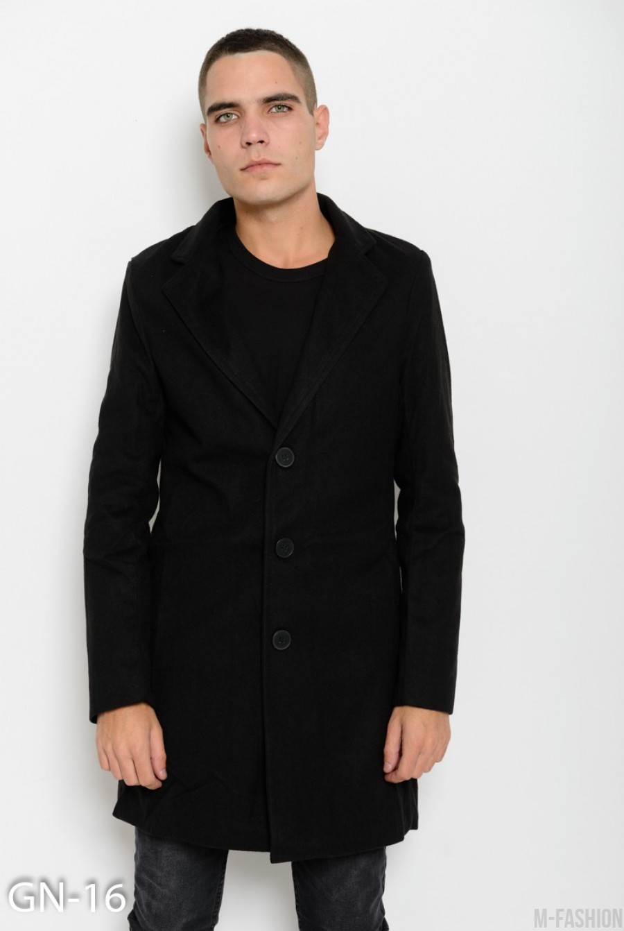 Черное прямое пальто на пуговицах с двубортным воротником - Фото 1