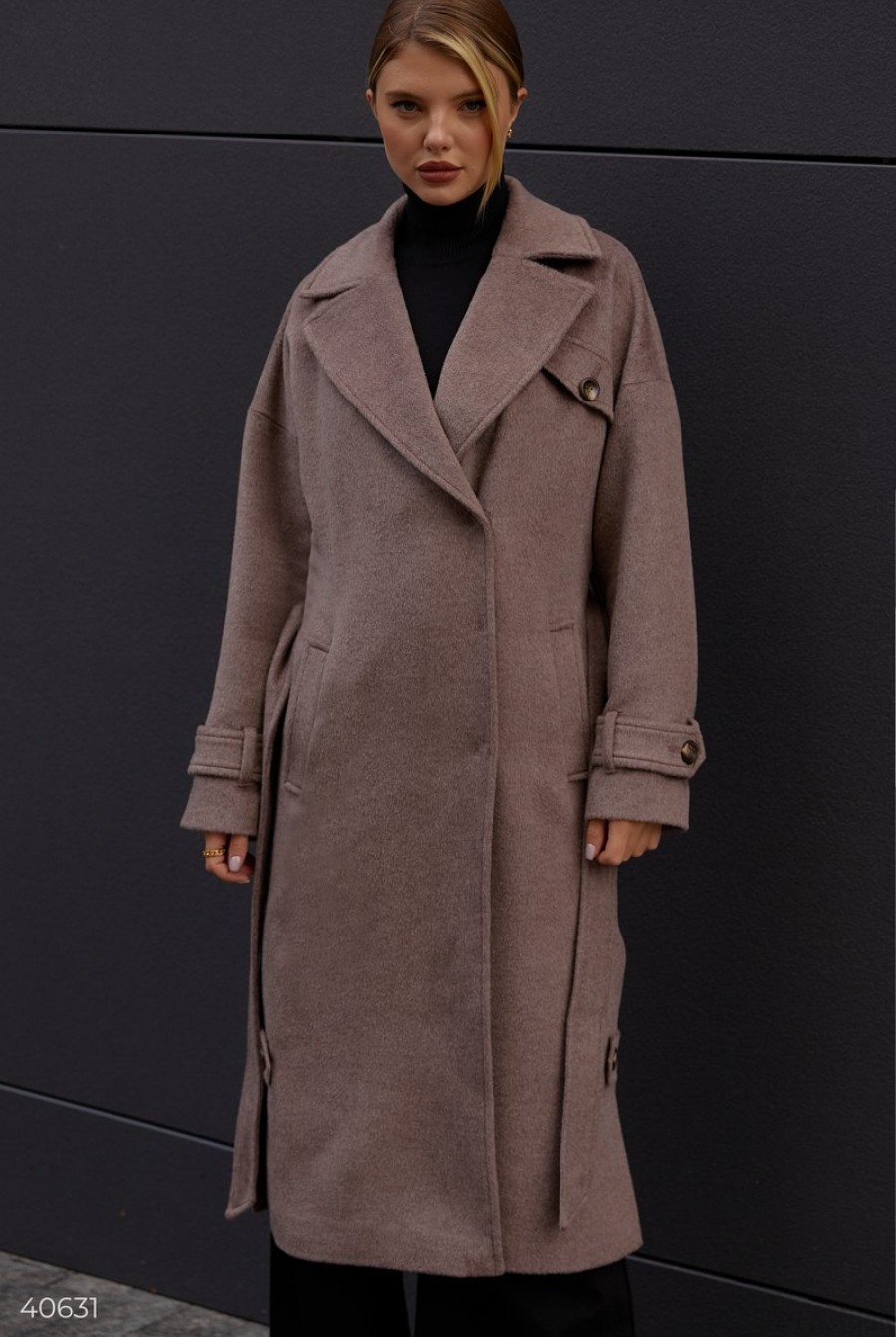 Шерстяное удлиненное пальто цвета мокко- Фото 6