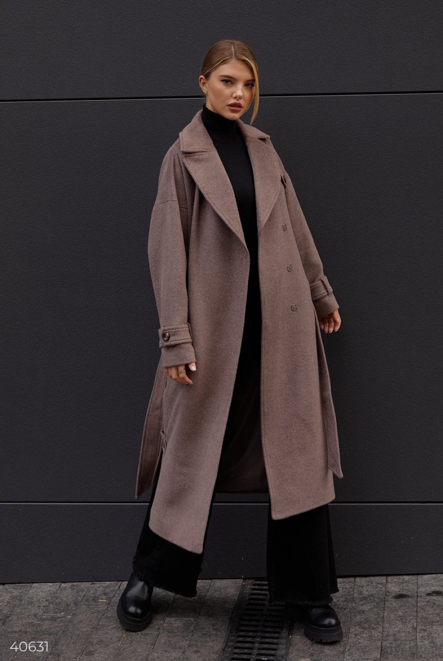 Шерстяное удлиненное пальто цвета мокко- Фото 2