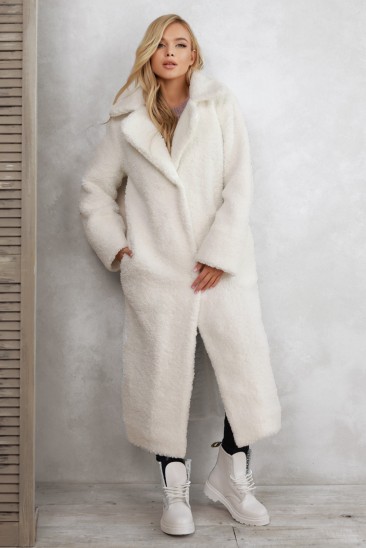Белое удлиненное фактурное шерстяное пальто