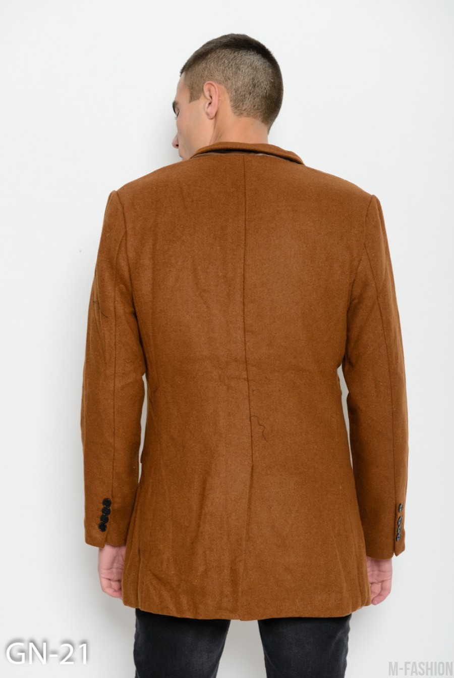 Коричневое классическое пальто прямого кроя с многофункциональным воротником- Фото 4