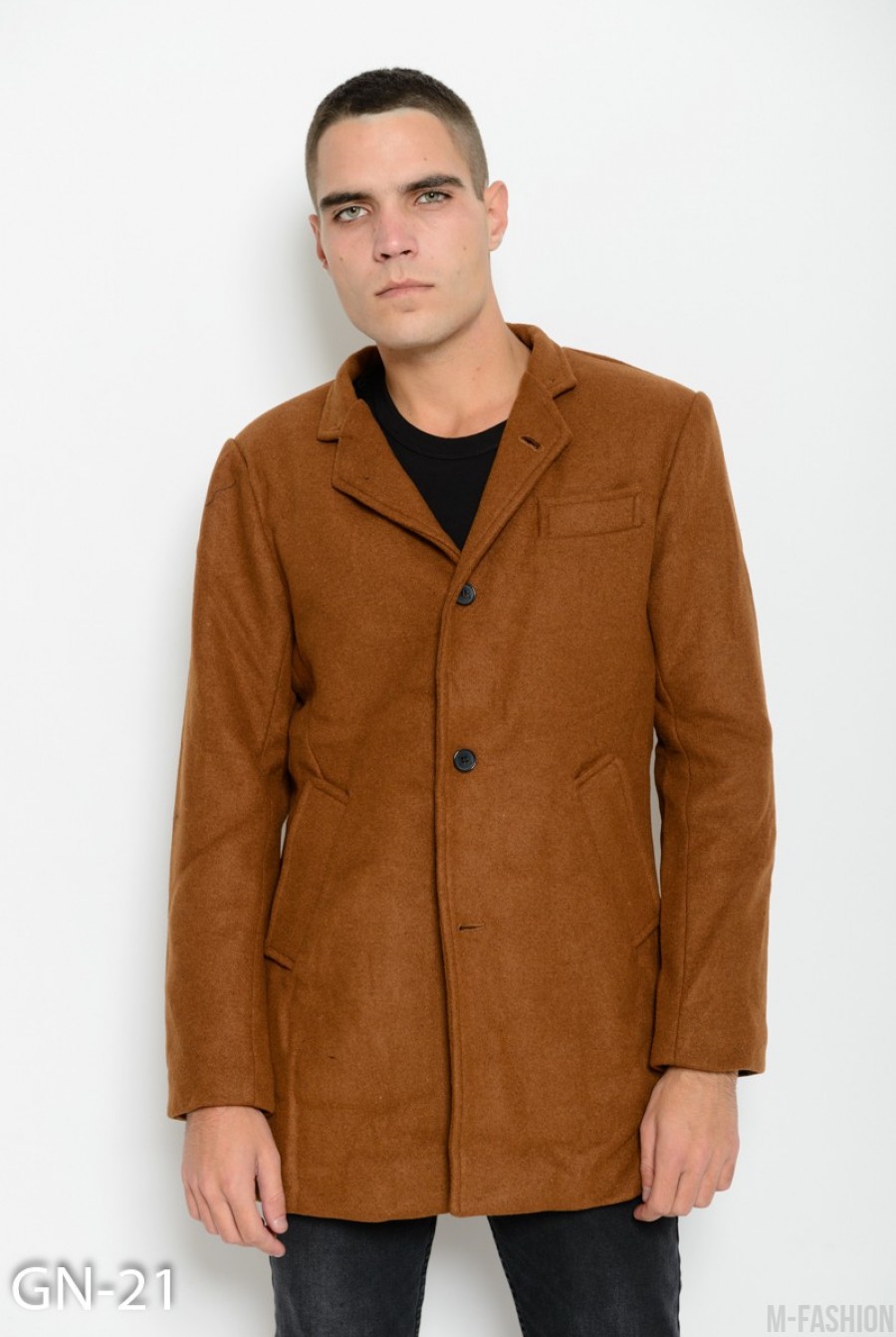 Коричневое классическое пальто прямого кроя с многофункциональным воротником - Фото 1