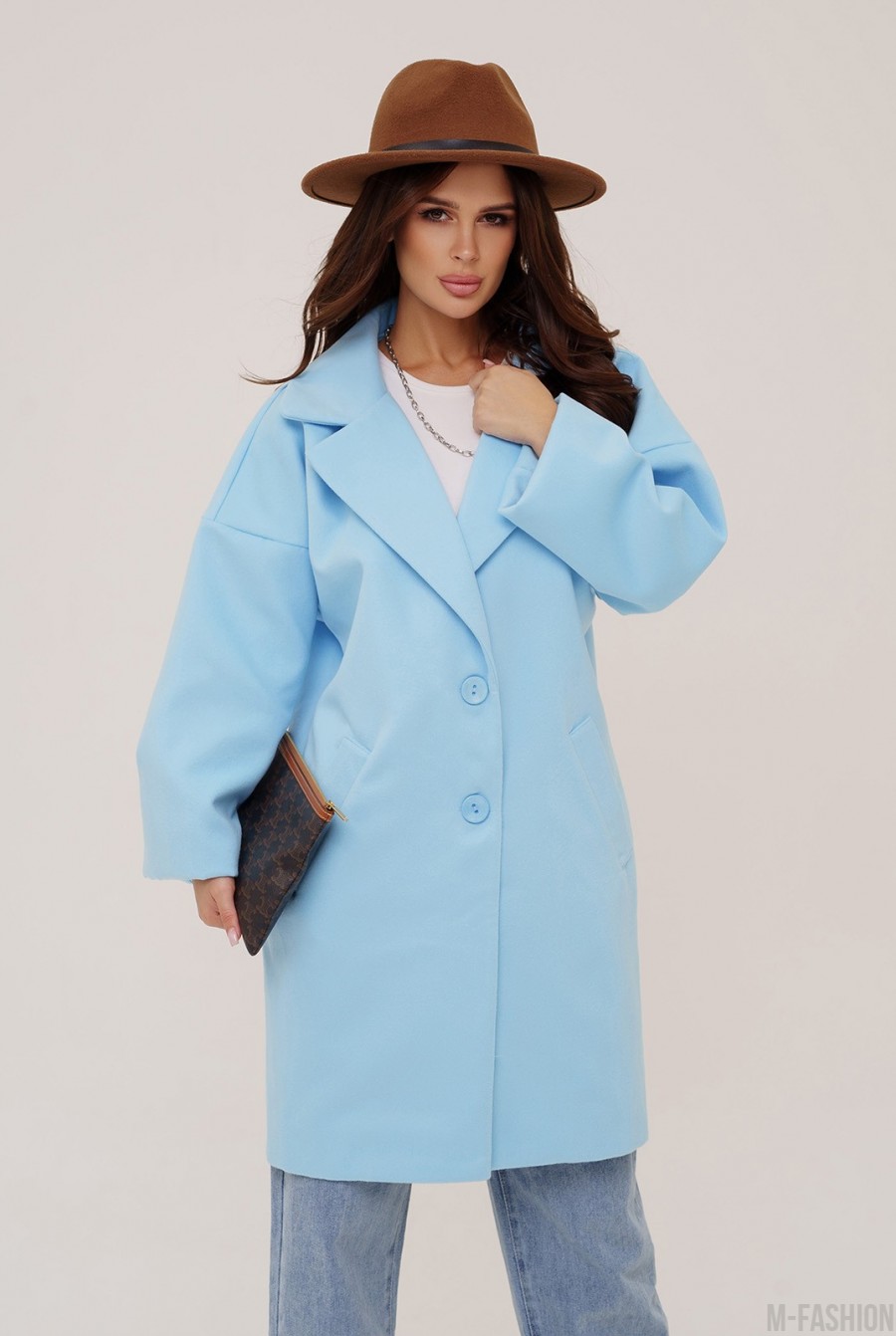 Голубое кашемировое пальто кокон- Фото 2
