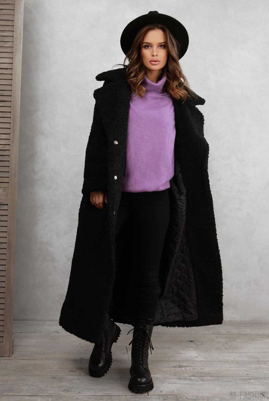 Черное удлиненное шерстяное пальто - Фото 1