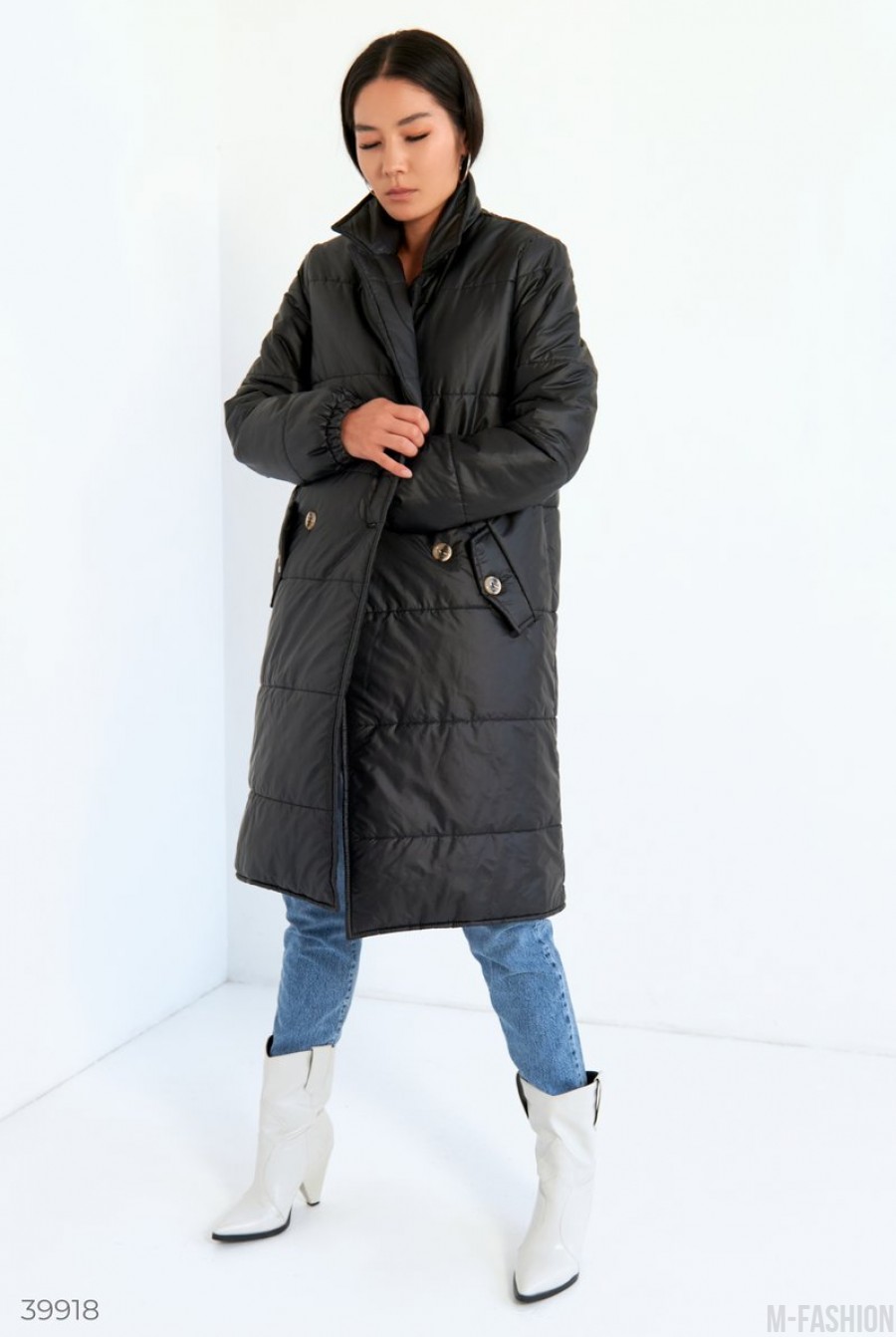 Стильное черное пальто с поясом- Фото 2