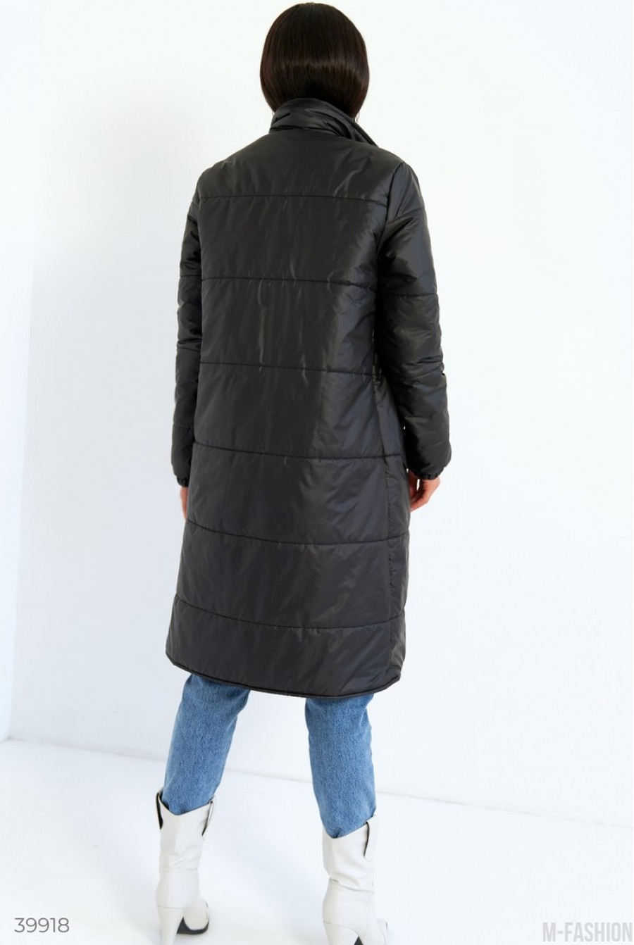 Стильное черное пальто с поясом- Фото 9