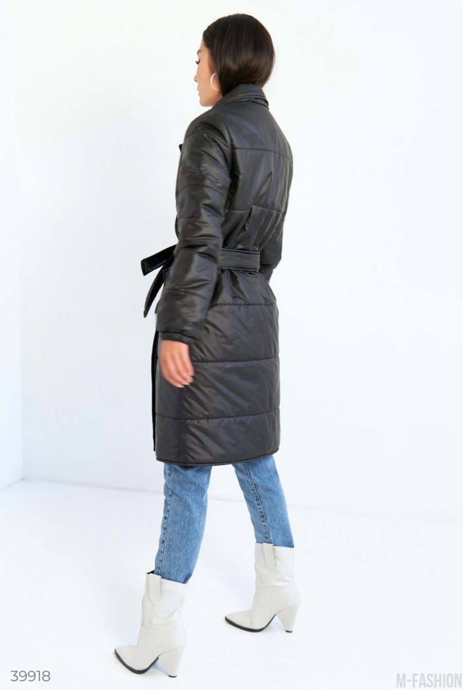 Стильное черное пальто с поясом- Фото 10