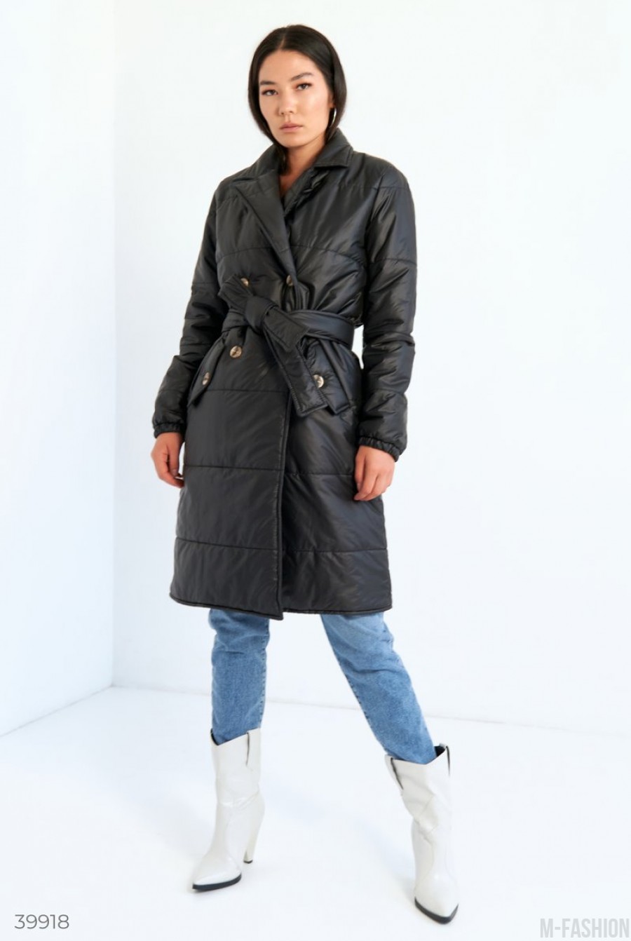 Стильное черное пальто с поясом - Фото 1