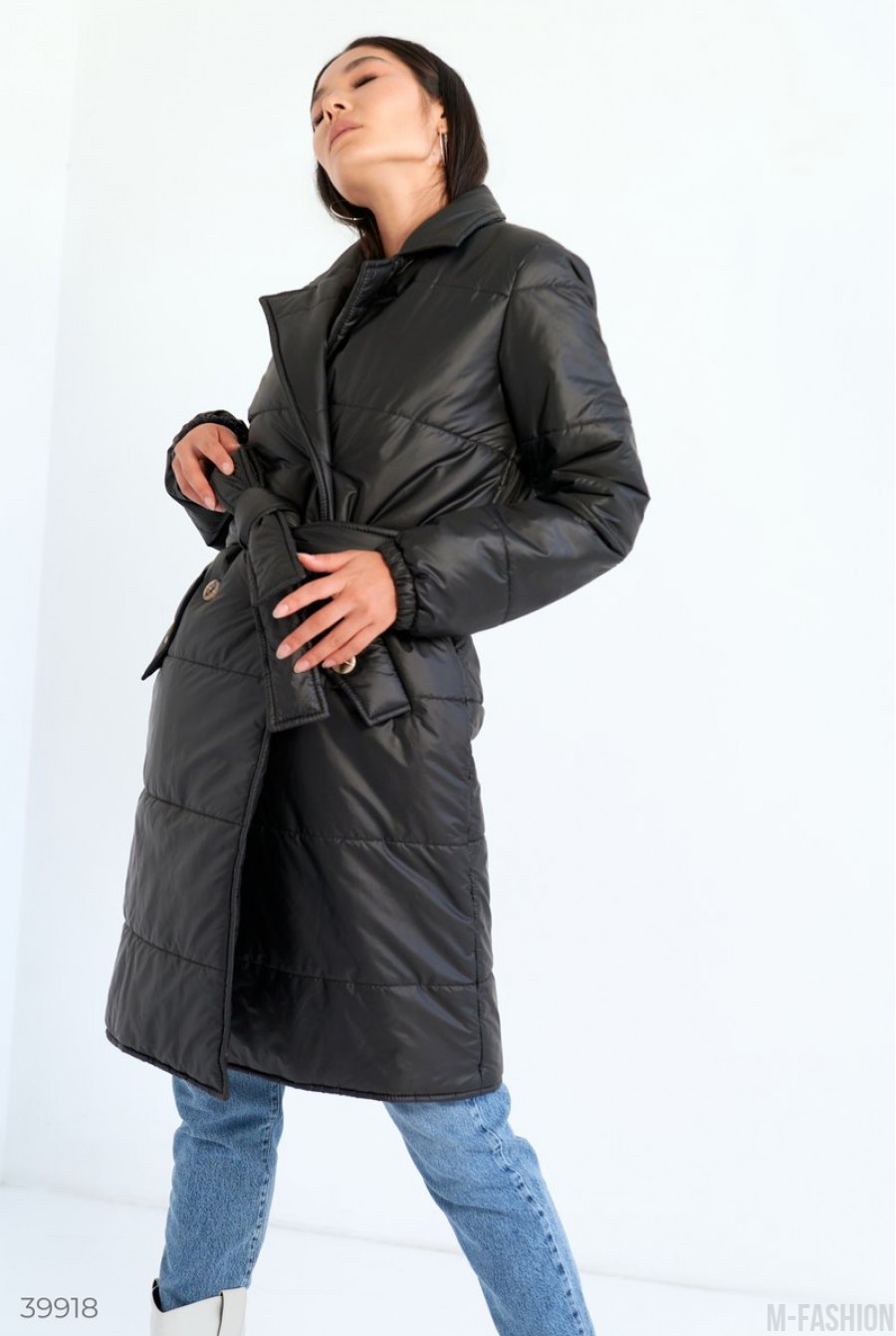 Стильное черное пальто с поясом- Фото 3