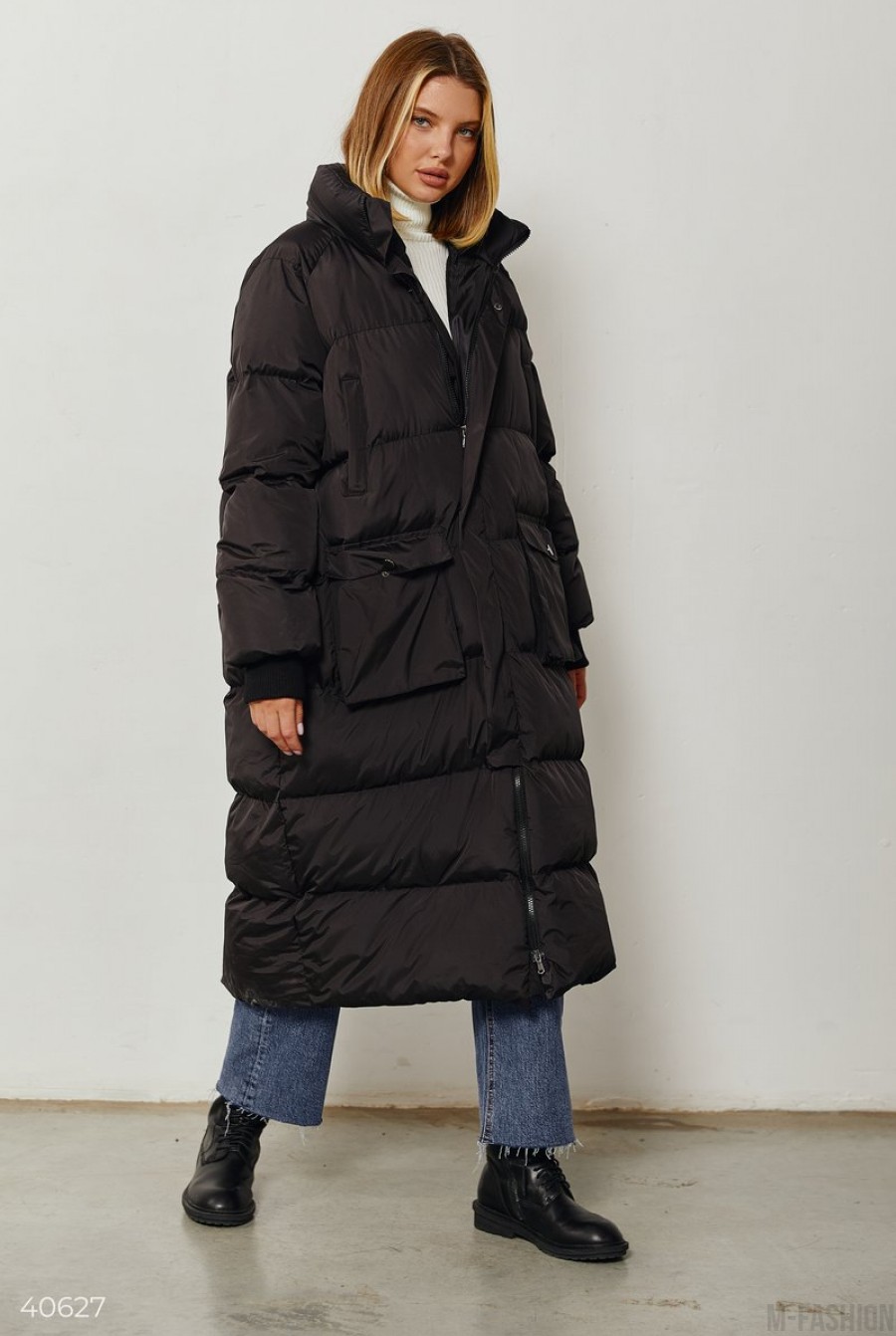 Стеганое черное пальто oversize- Фото 3