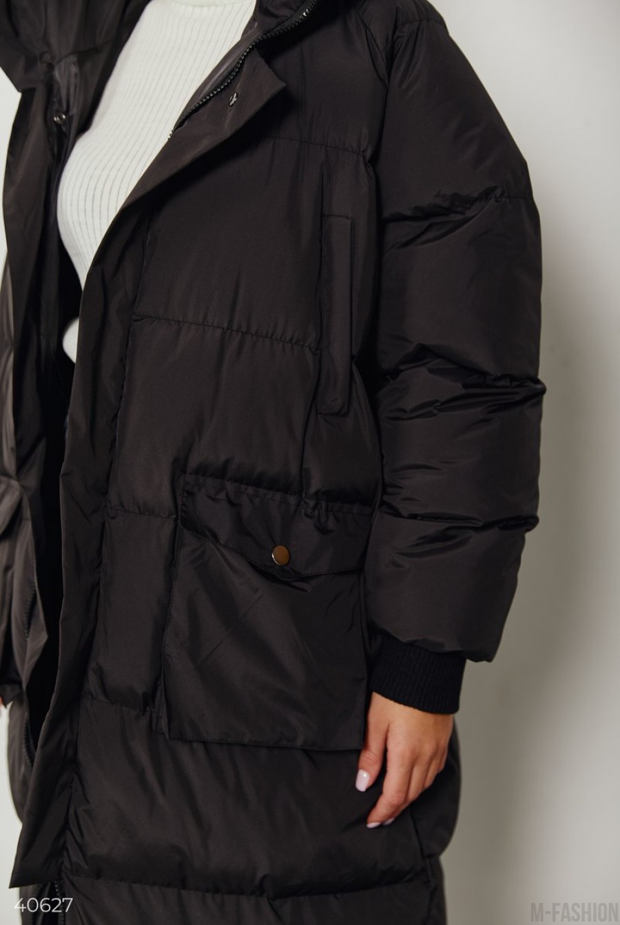 Стеганое черное пальто oversize- Фото 8