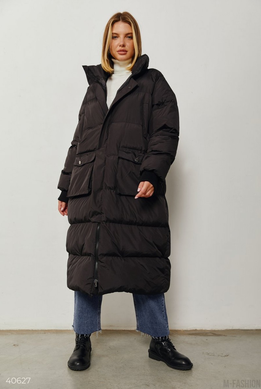 Стеганое черное пальто oversize- Фото 4
