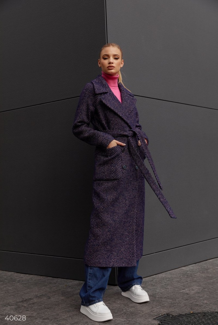 Шерстяное двубортное пальто фиолетового цвета- Фото 5
