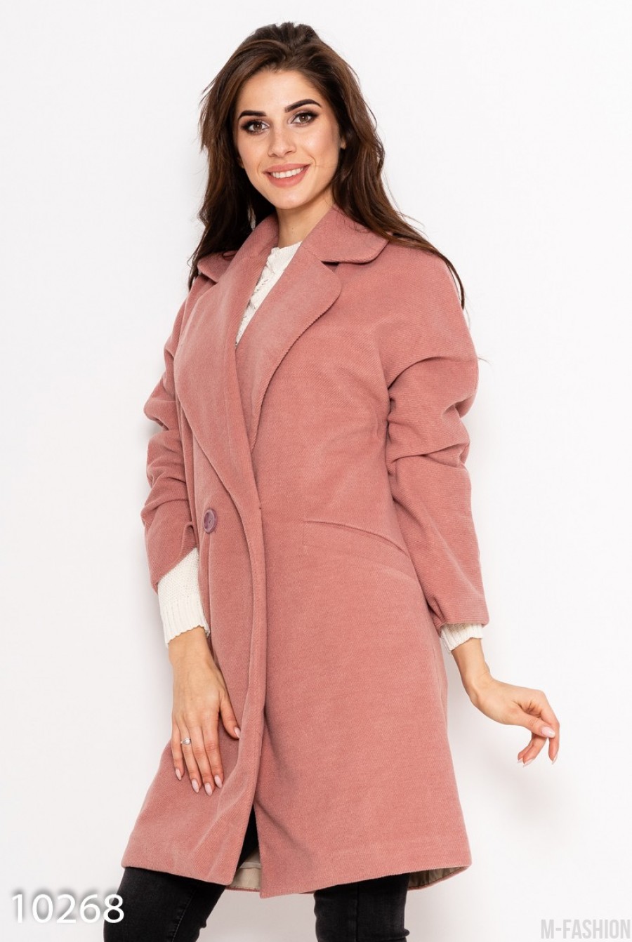 Розовое вельветовое демисезонное пальто в стиле оверсайз с круглыми отворотами воротника- Фото 3