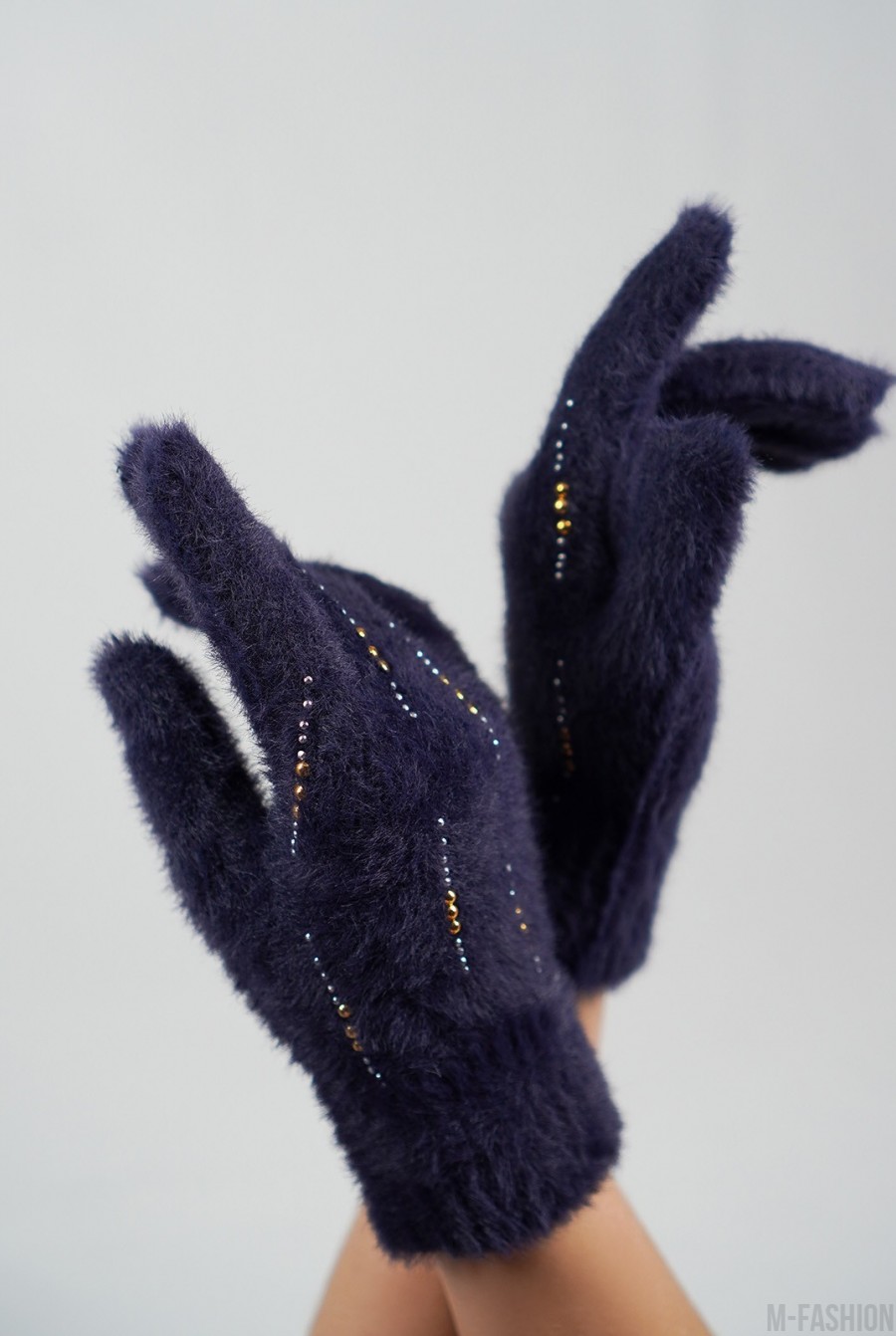 Синие утепленные перчатки со стразами- Фото 2
