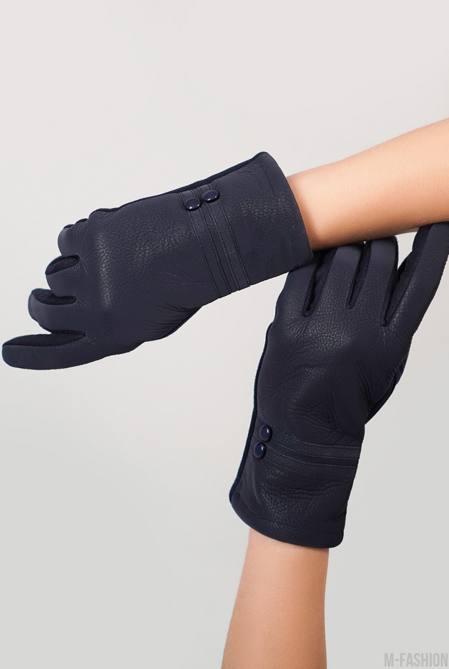 Синие замшевые теплые перчатки с фактурной вставкой- Фото 2