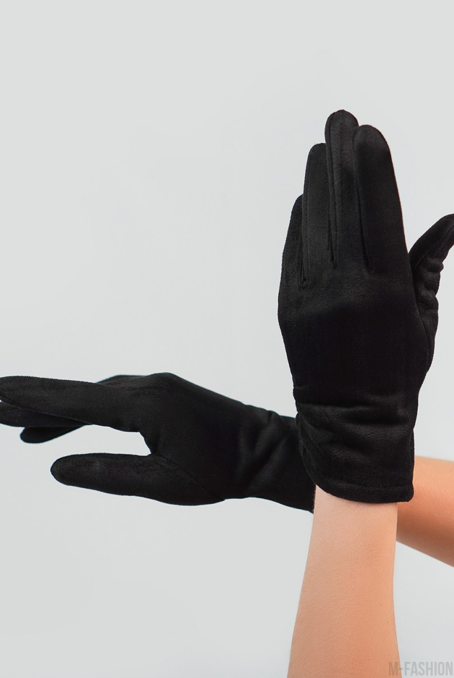 Черные однотонные перчатки из эко-замши на меху- Фото 3