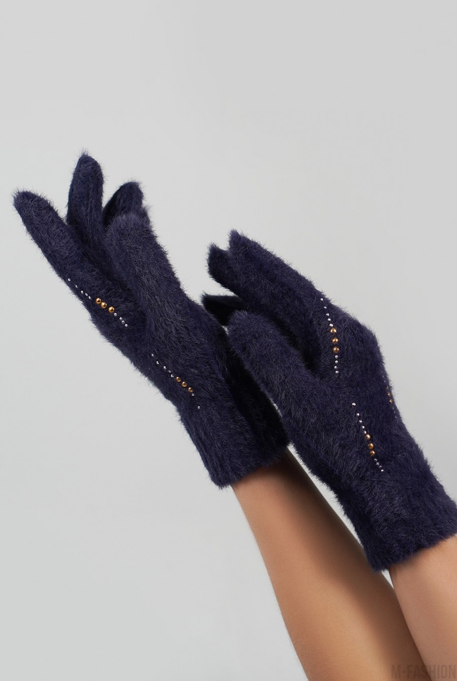 Синие утепленные перчатки со стразами - Фото 1