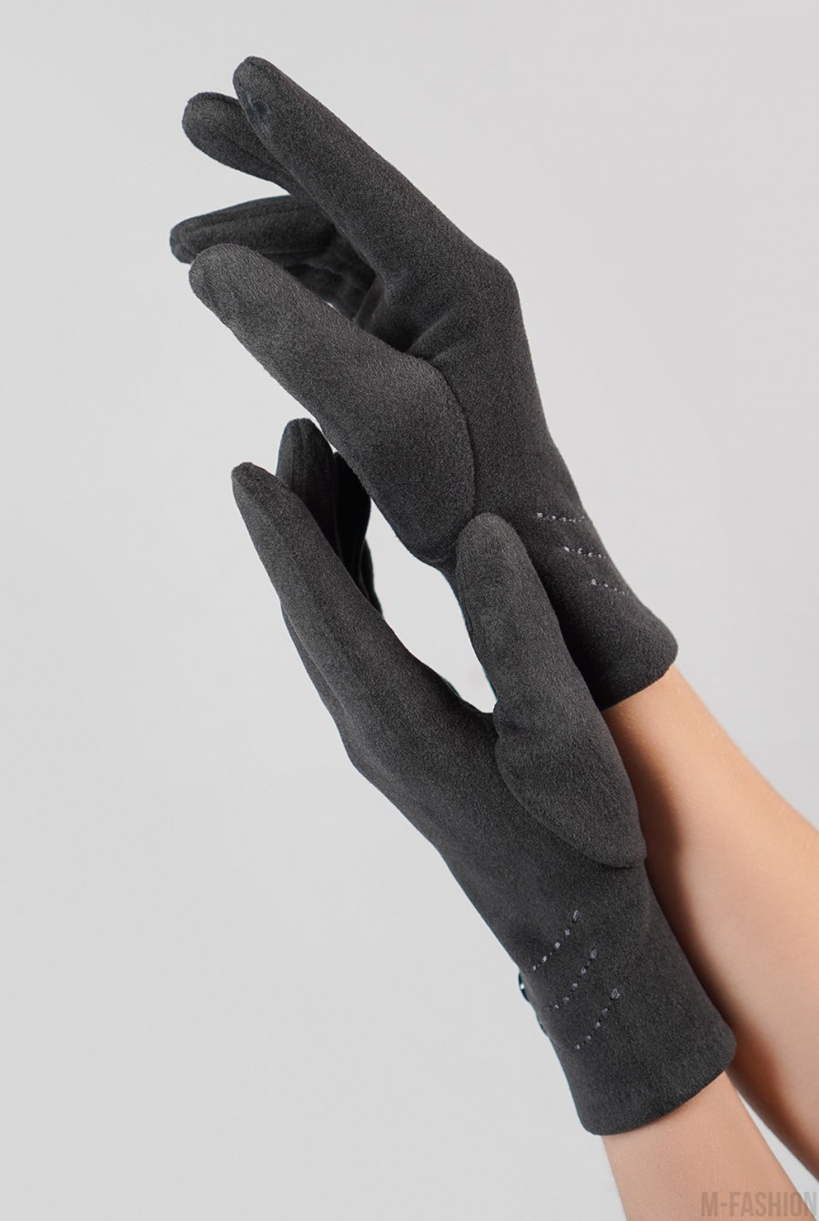 Утепленные темно-серые перчатки из эко-замши- Фото 3