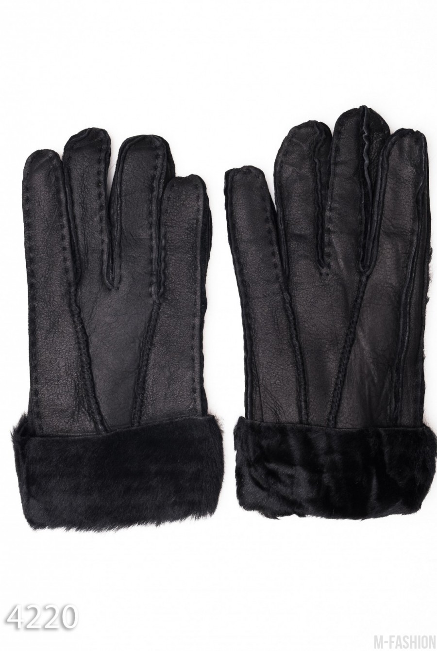 Черные грубые кожаные рукавицы с меховыми манжетами - Фото 1