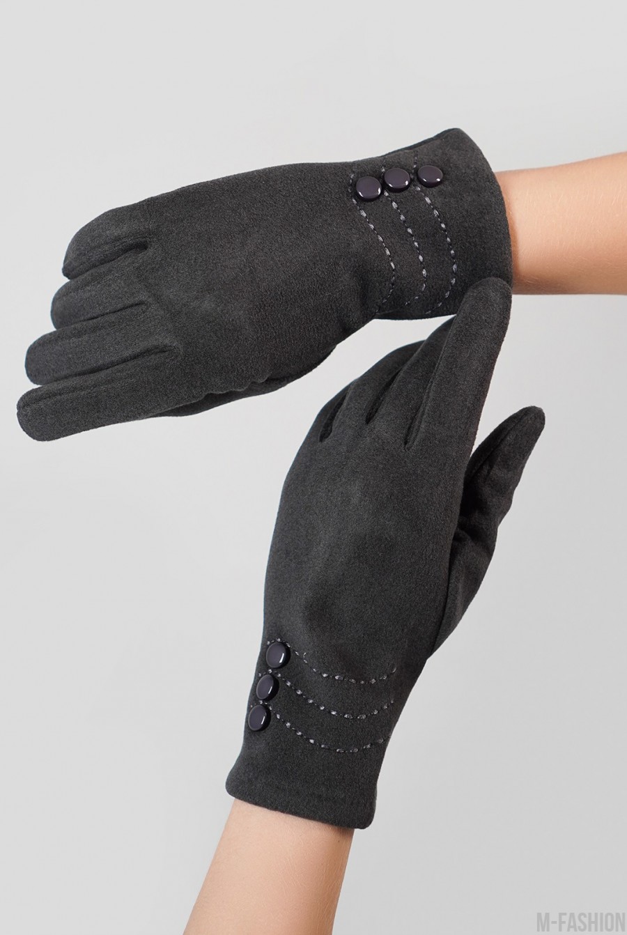 Утепленные темно-серые перчатки из эко-замши- Фото 2