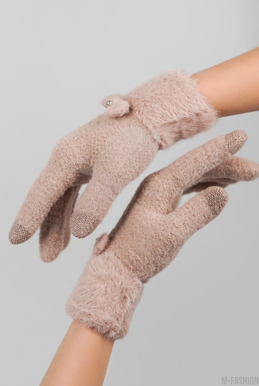 Темно-бежевые шерстяные перчатки с фактурным манжетом- Фото 2