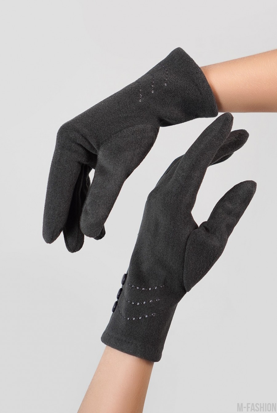 Утепленные темно-серые перчатки из эко-замши - Фото 1