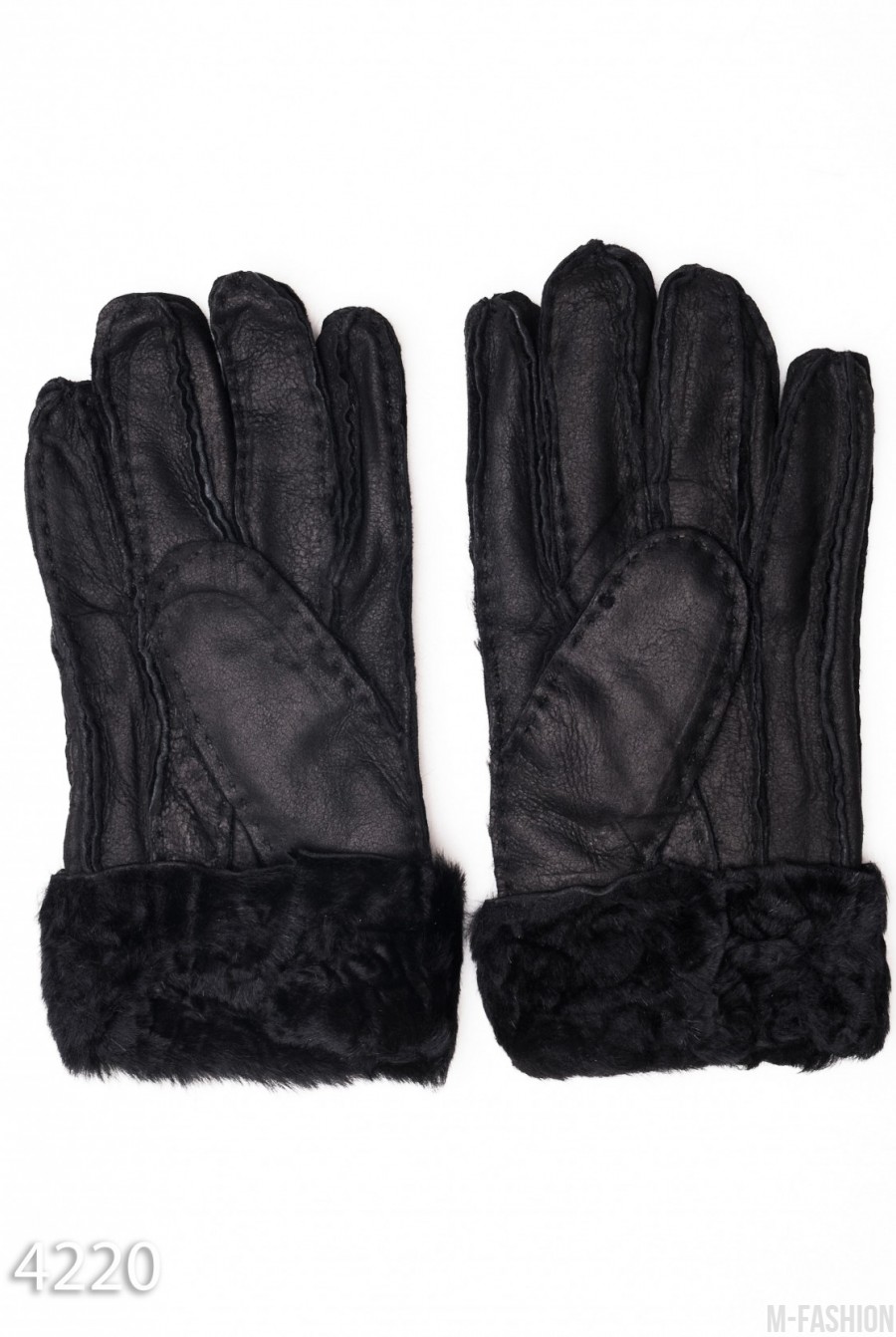 Черные грубые кожаные рукавицы с меховыми манжетами- Фото 2