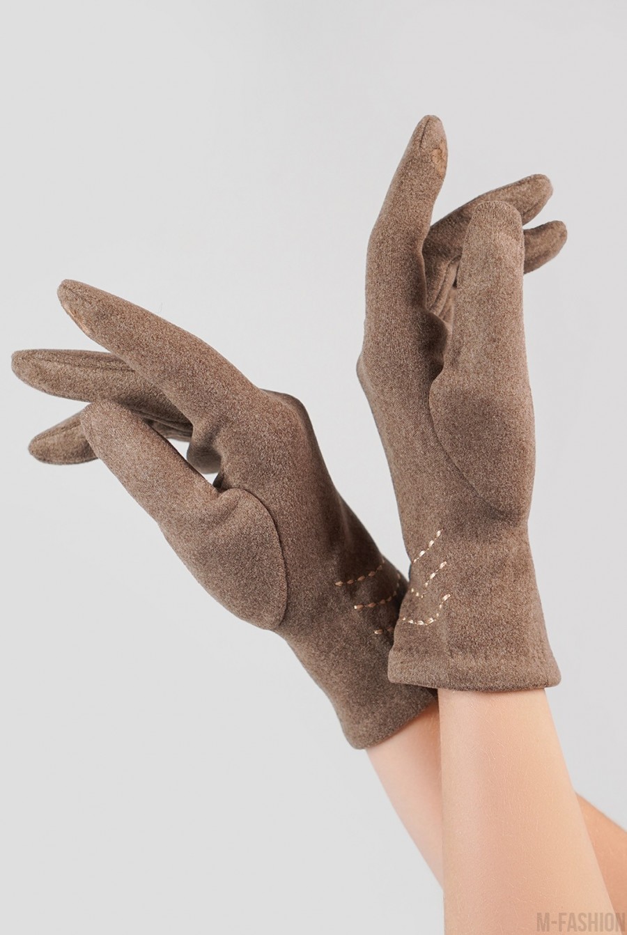 Утепленные коричневые перчатки из эко-замши - Фото 1