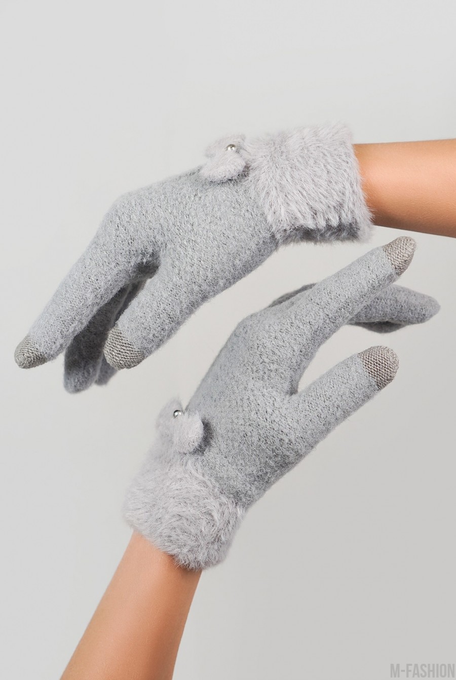 Серые шерстяные перчатки с фактурным манжетом - Фото 1