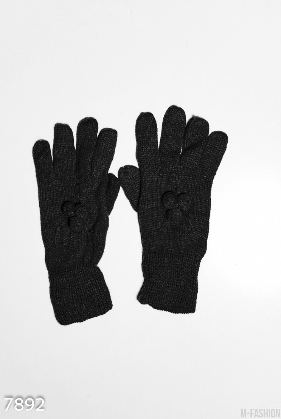 Черные шерстяные однослойные перчатки с объемной аппликацией - Фото 1